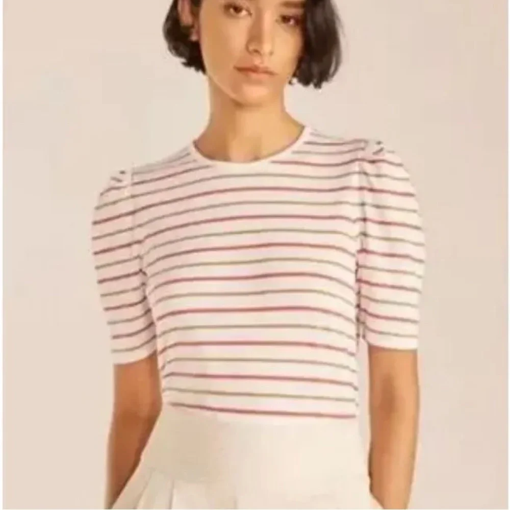 Rebecca Taylor A-Line White & Multicolor Striped Puff Sleeve T-Shirt
